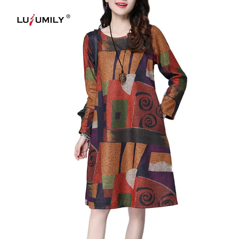 Lusumily платье с длинными рукавами размера плюс Ретро стиль рисунком Повседневная