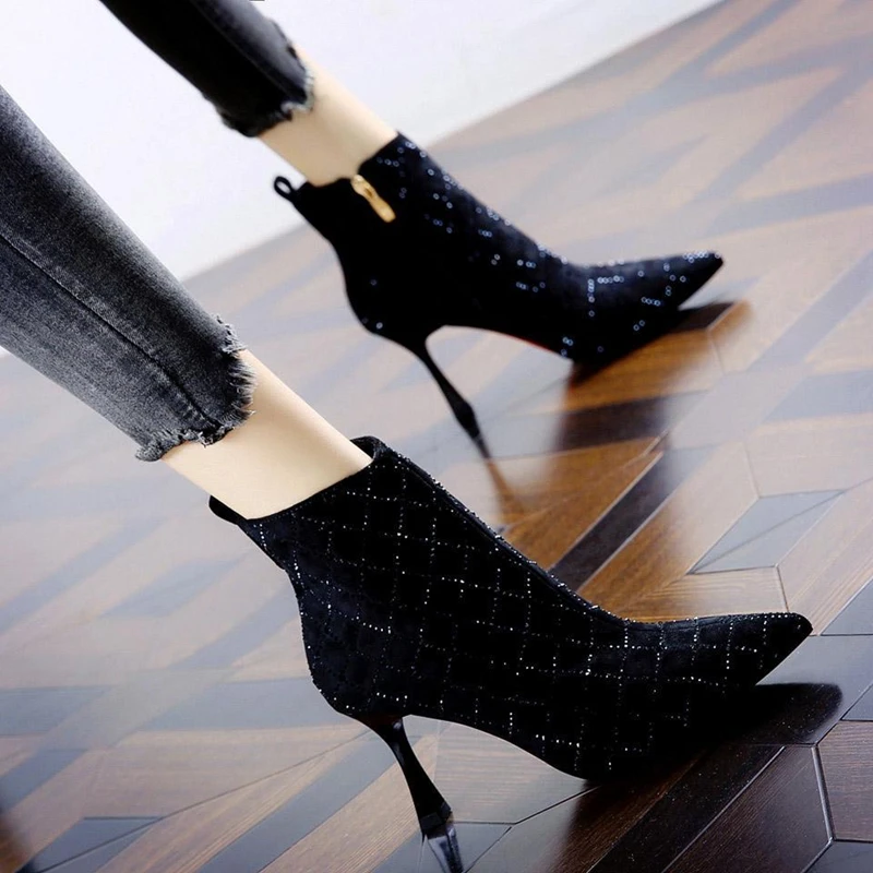 

Пикантные Стразы в клетку на шпильке, французские короткие сапоги, женские и телесные сапоги, осень и зима 2021, новые женские Ботинки Martin