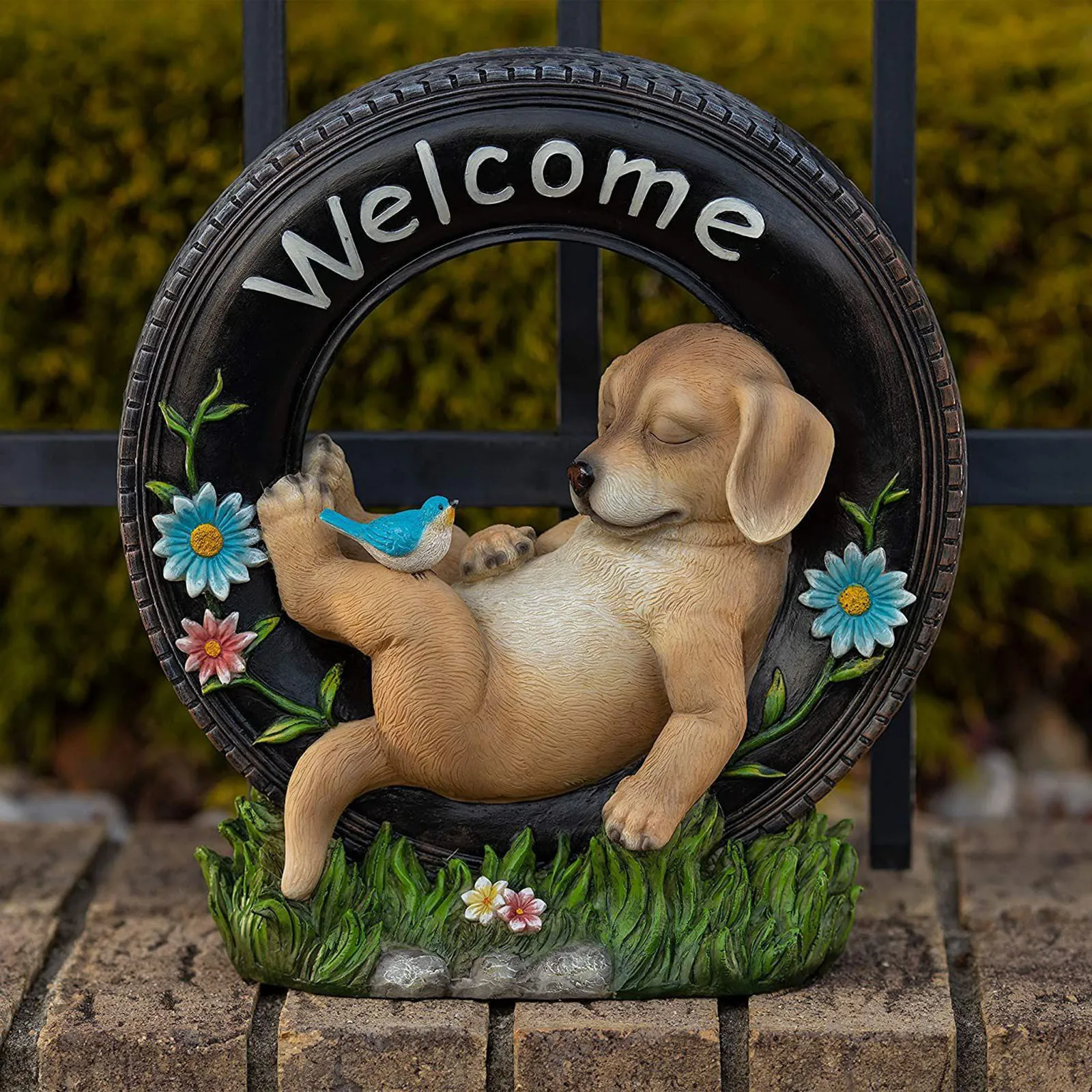 

Solar Garden Tire Cute Dog Decoration, Have Nowhere To Go Are Welcome Here Sleeping Peacefully On The Tire Tranquil Scenery