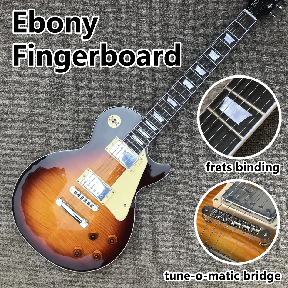 

Ebony fingerboard electric guitar, Dark sunburst maple top, Frets binding, Solid mahogany body electric guitar, Free shipping