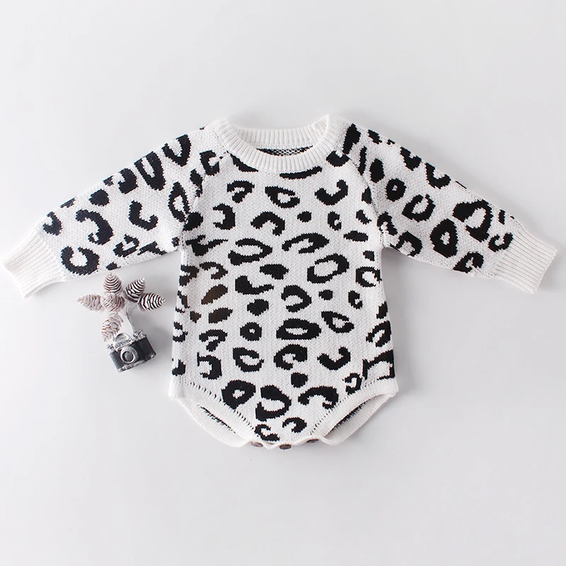Новый леопардовый комбинезон для маленьких девочек Хлопковый вязаный младенцев