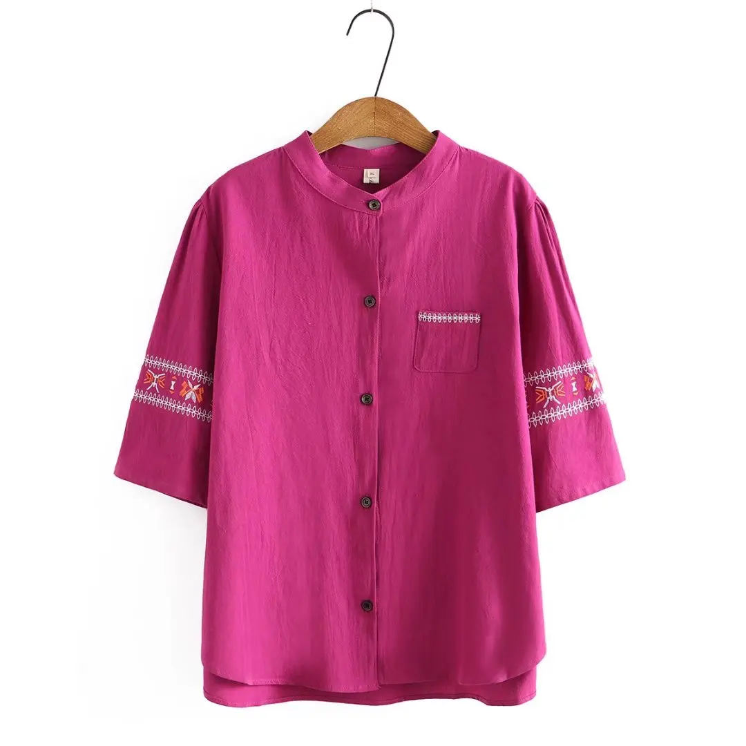 

Женская футболка с вышивкой размера плюс, с воротником-стойкой, лето 2022, женские топы, розовые, красные, темно-синие футболки