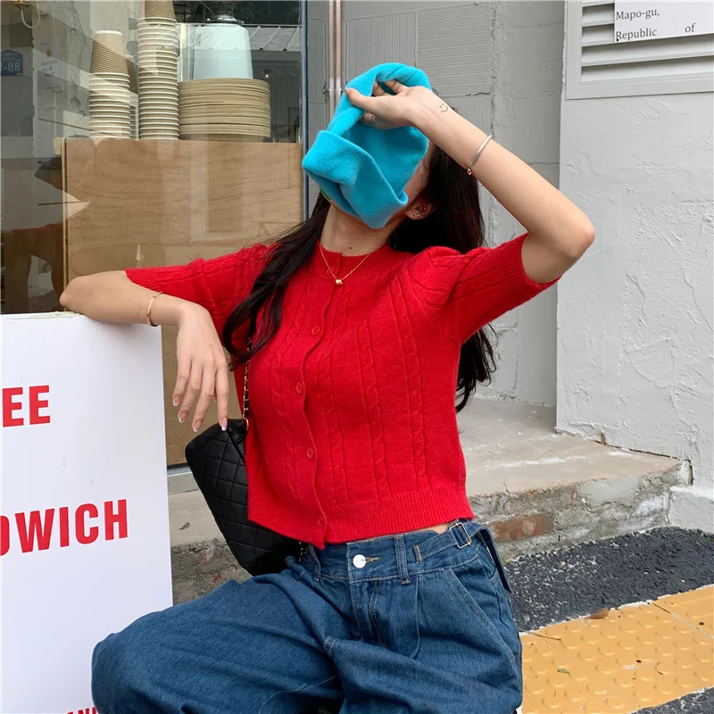 

Knitted Short Buttoned Short Sleeve Sweater Women's 2021 Spring Slim Cardigan Crop Top Fashion Casual Jacket Clothing