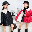 Кожаная куртка для девочек, зимняя плотная теплая куртка с бархатным утеплителем, Стеганая Кожаная однотонная модная кожаная куртка для девочек, пальто для девочек