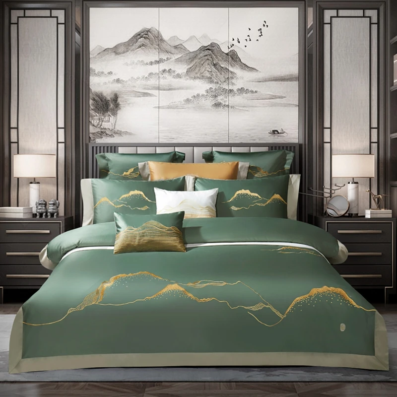 

Luxury Green satin Egyptian cotton embroidery Cotton Bedding Set Duvet Cover Bed Linen Fitted Sheet Pillowcases Home textiles