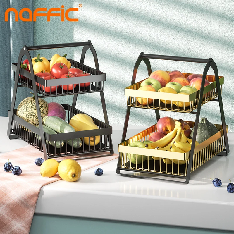 

2-Tier Metal Fruit Basket Portable Kitchen Storage Basket for Fruits Vegetables Snack Household Toiletries Countertop Shelf Rack