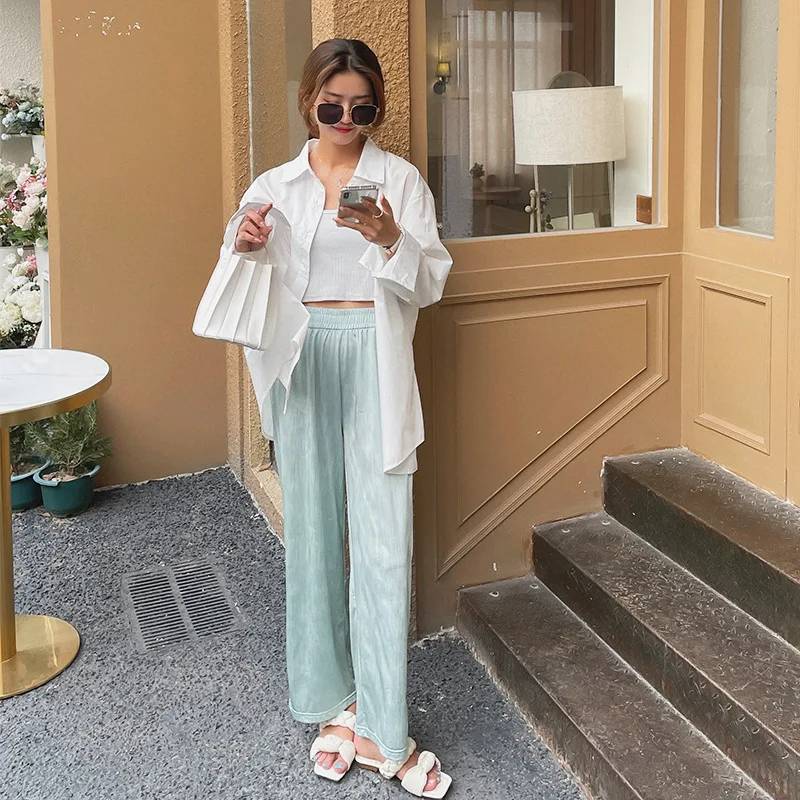 

Женские брюки с широкими штанинами, однотонные глянцевые брюки с эластичной резинкой на талии, лето, 2021