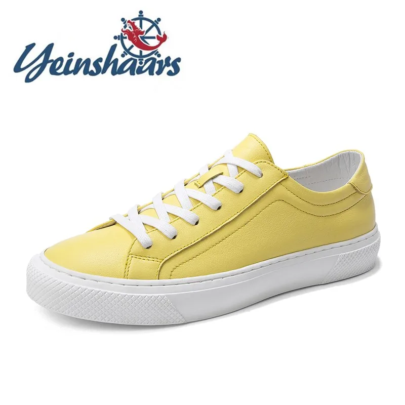 2022 New Men Shoes Leather Sneakers Walking Fashion Casual Footwear Lace-up Solid Male Comfortable Flats Yellow White Shoe | Обувь