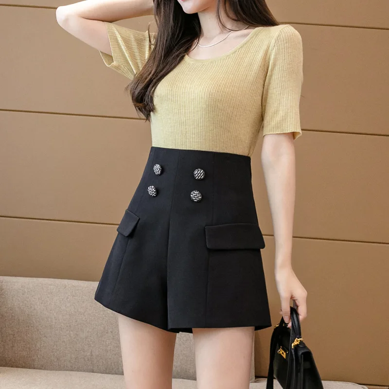 

High Waist Double Breasted Shorts Women Slim A-line Wide Leg Black Shorts Women Summer Thin Loose Chiffon Casual Shorts Female