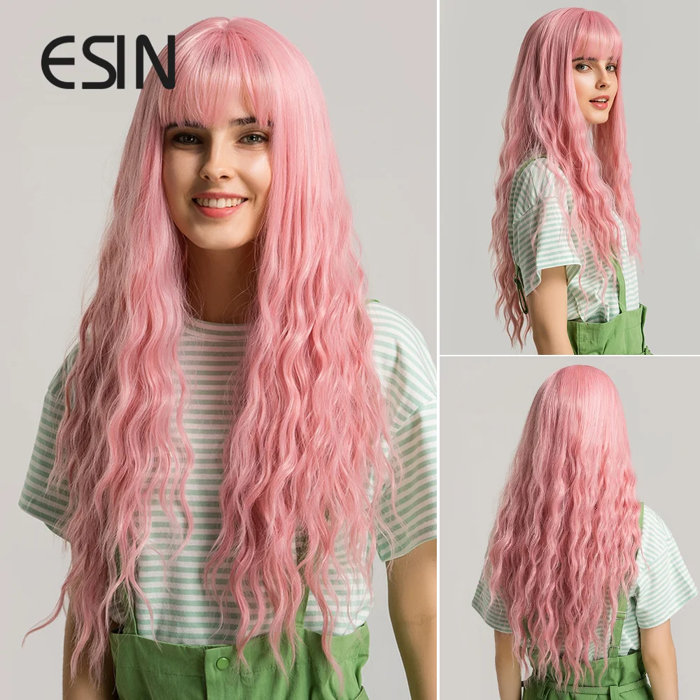 ESIN 22 &quotвьющиеся длинные розовые синтетические волосы женские парики с челкой