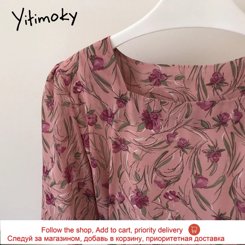 

Yitimoky Square Collar Print Dresses Women 2021 Summer Fashion Korean Rose Red Chiffon Ankle-Length Half Lantern Sleeve Dress