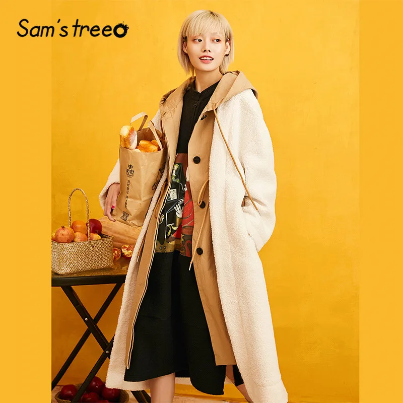 SAM'S TREE, однотонные прямые толстовки, Тедди, ленивое шерстяное пальто для женщин, зима, с поясом, на одной пуговице, имитация двух частей, свободные женские пальто