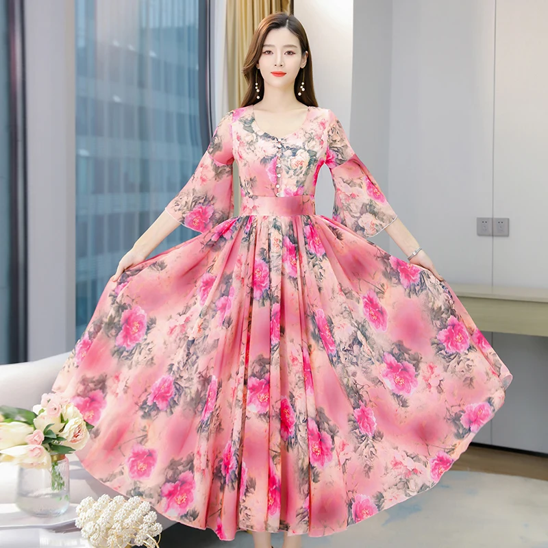 

Houthion Women's Oversized Dresses Summer New Fashion Casual A-LINE Knee-Length V-neck Print Chiffon Plus Size Loose Dress