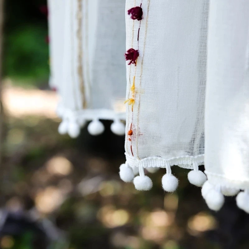 Полотно Полосатое с вышивкой из льна Короткая занавеска для детской спальни