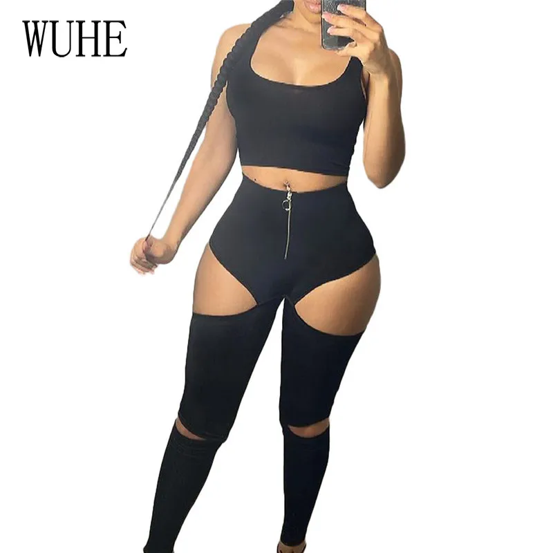 

WUHE Hole Casual Two Piece Suits Strapless Hollow Out Square Collar Sleeveless Tanks Top and Zipper Up Long Pants Sports Fitness