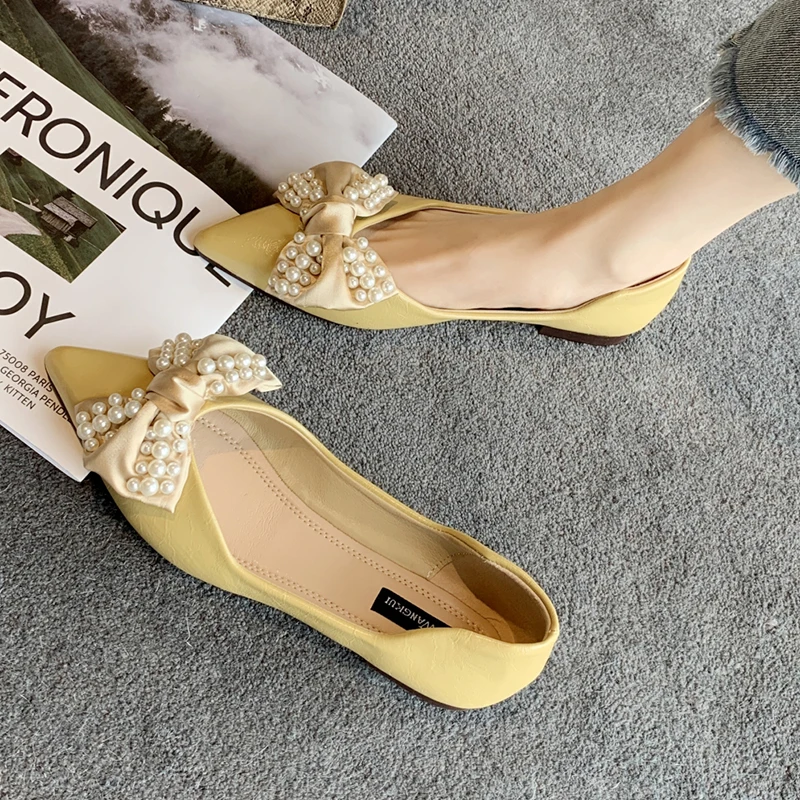 Summer Women's Pearl Bowknot Flats Comfortable Soft Sole Casual Shoes Woman New Pointed Toe String Bead Single Shoes