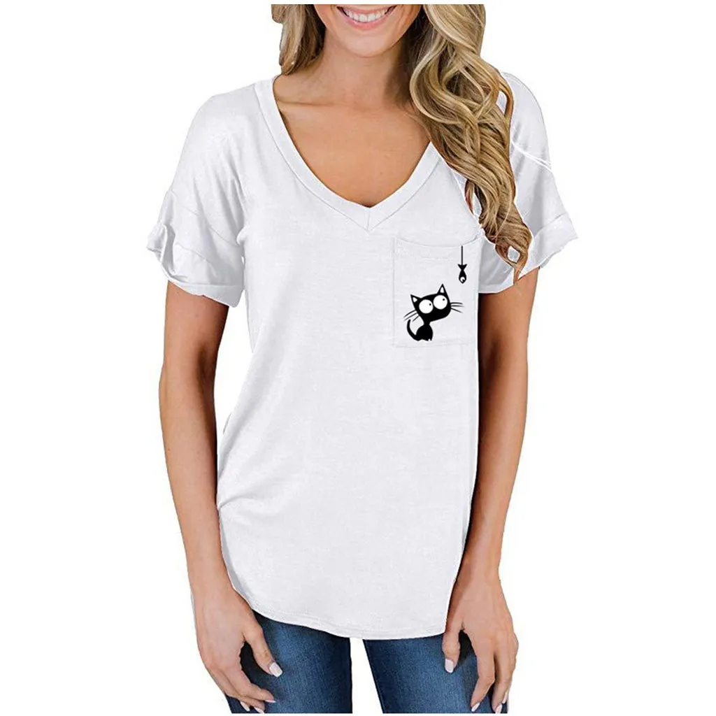 Футболка Женская летняя с коротким рукавом и v-образным вырезом карманом