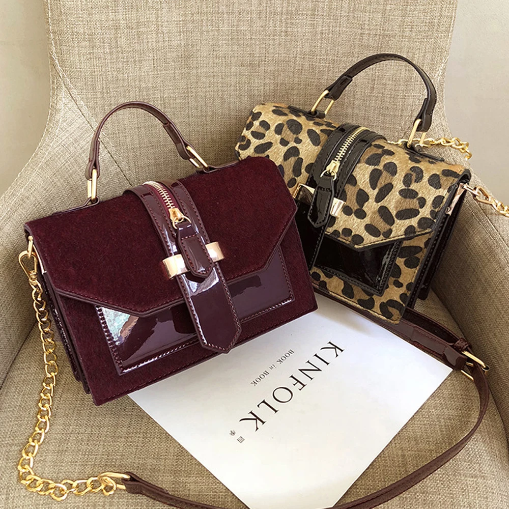 

Leopard Crossbody Bags For Women with Zipper Decoration Ptgirl Ladies Chain Handbags Patent leather Shoulder Bag bolsos mujer