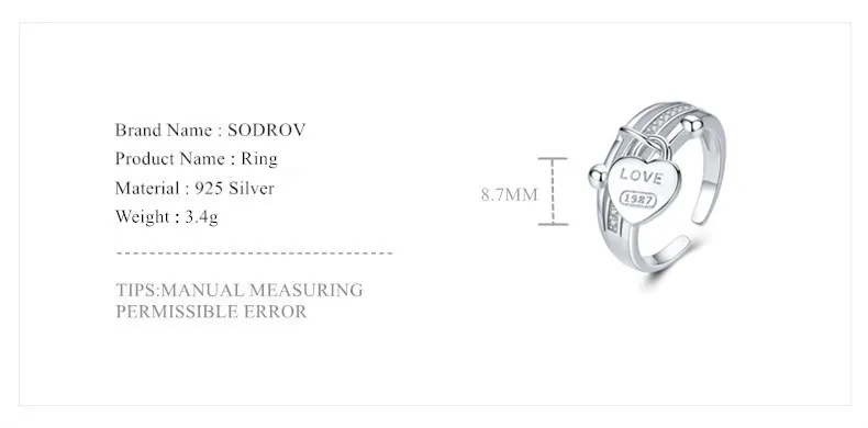 Sodrov стерлингового серебра 925 Обручальное кольцо в форме сердца для женщин подарок на день Святого Валентина Модные свадебные украшения HR042