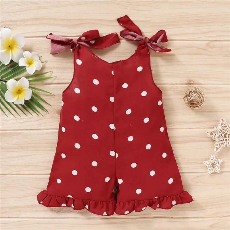 

Cute Girl Summer Playsuit Toddler Kids Clothes Polka Dot Romper Lace Up Bow Jumpsuit Button Ruffles Bodysuits Children Clothing