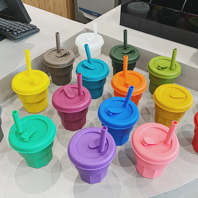 

Silicone Children Straw Cup Ins Style Fall Resistant Girl Water Cups High Temperature Resistant Colorful Camping Drinkware Cup