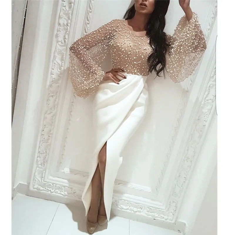 

Vestidos 2020 Women Dress See-through Long Sleeve Evening Party Gown Ladies Elegant Patchwork Split Long Dress