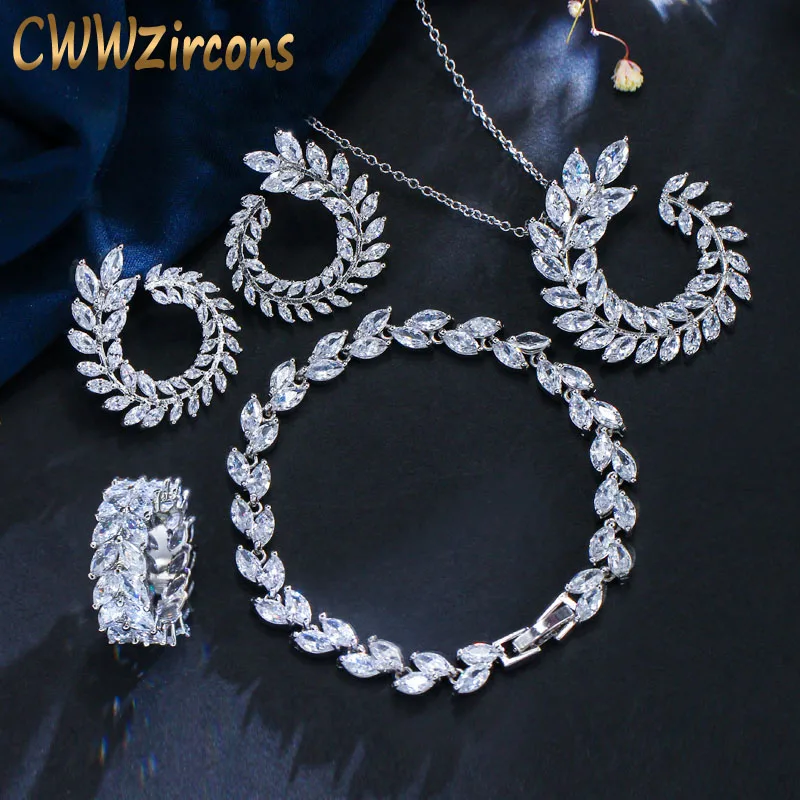 CWWZircons 4 шт. в форме листа Новая мода CZ ожерелье серьги браслет и кольцо наборы известный бренд ювелирные изделия женские аксессуары T011
