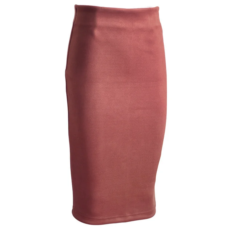 Firbrick Super Deals Fashion Women Suede Solid Color Pencil Skirt Female Spring Autumn Basic High Waist Bodycon Split Knee Length Skirts - Цвет: Firbrick
