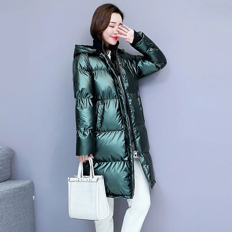 Модная зимняя теплая куртка для женщин глянцевое длинное пальто 2020 толстая