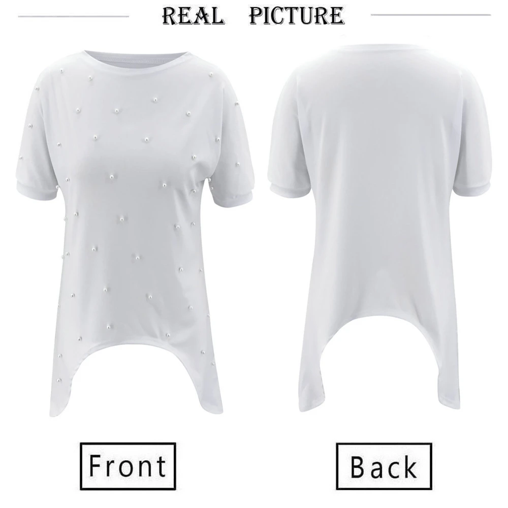 

2020 Summer White Womens T-shirts Casual Short Sleeve Round Neck Beaded Irregular Solid Tee Shirts Tops Fashion Loose Streetwear