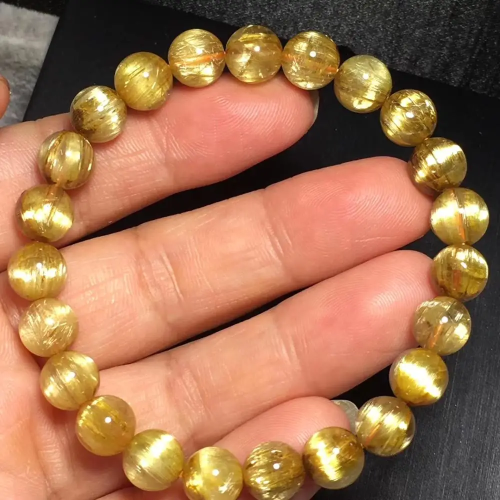 Genuine Natural Gold Rutilated Quartz Crystal 8mm Woman Man Titanium Wealthy Round Beads Bracelet Jewelry Bangle AAAA