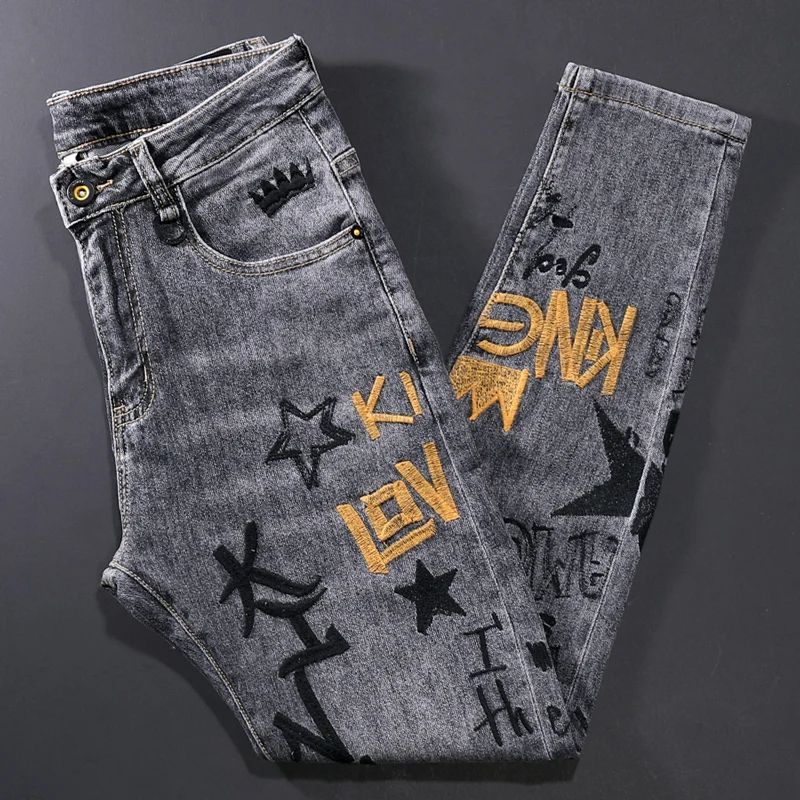 American Street Fashion Men Jeans Retro Gray Elastic Slim Fit Printed Jeans Men Embroidery Designer Hip Hop Denim Punk Pants