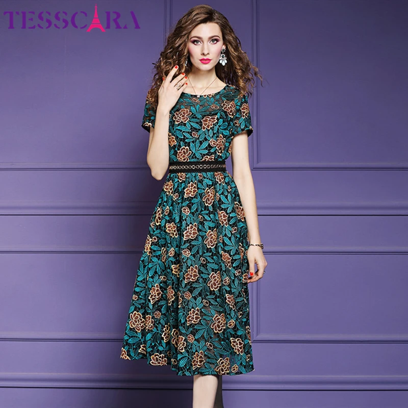 TESSCARA Women Summer Elegant Lace Dress Female Office Party Robe Femme Floral Designer High Quality Fashion A-Line Vestidos