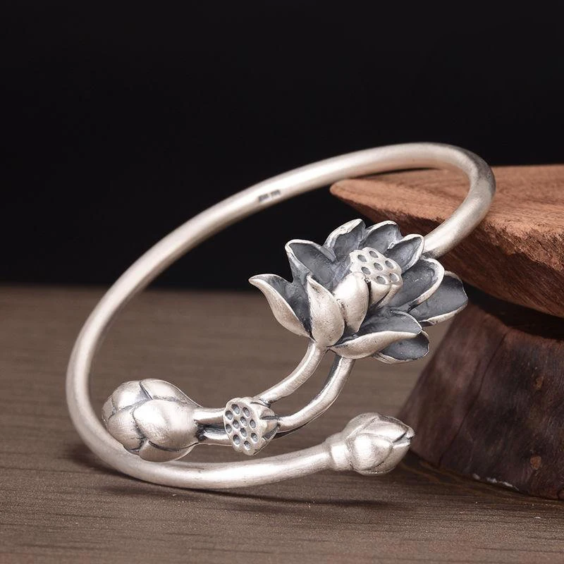 New Retro Elegant Temperament Ethnic Style Wild Personality Female Lotus Bracelet Opening Adjustment | Украшения и аксессуары
