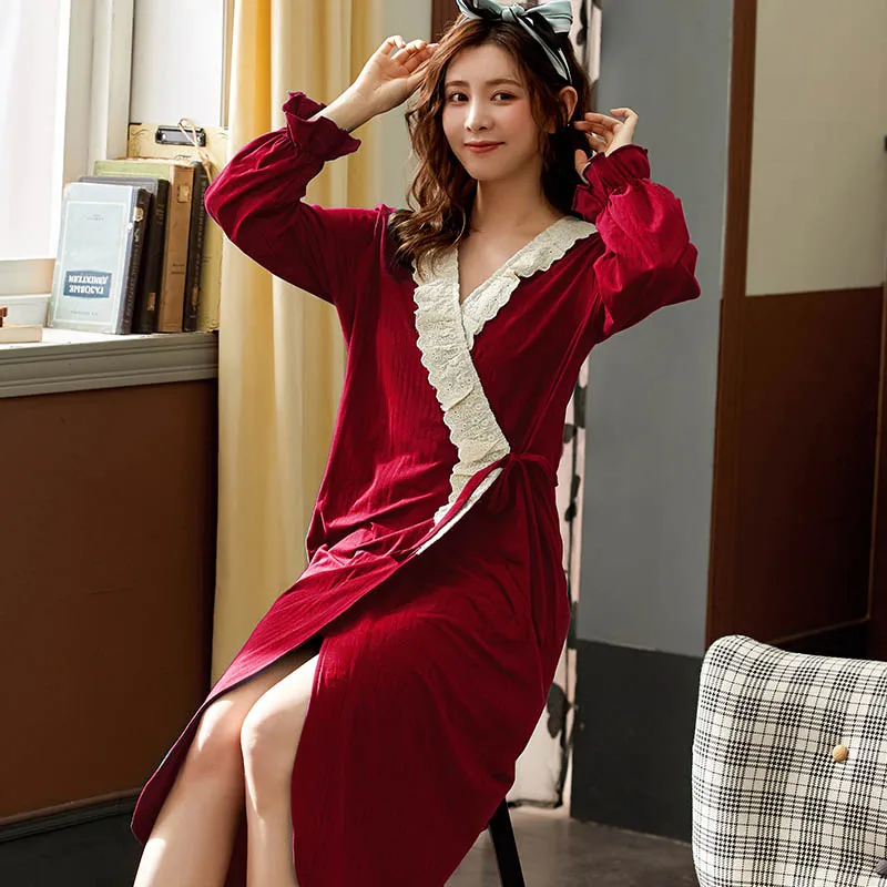 

2020 Red long robes women chic and classy dress for women nightgown lace up clothes for home cotton autumn loungewear pink FG199