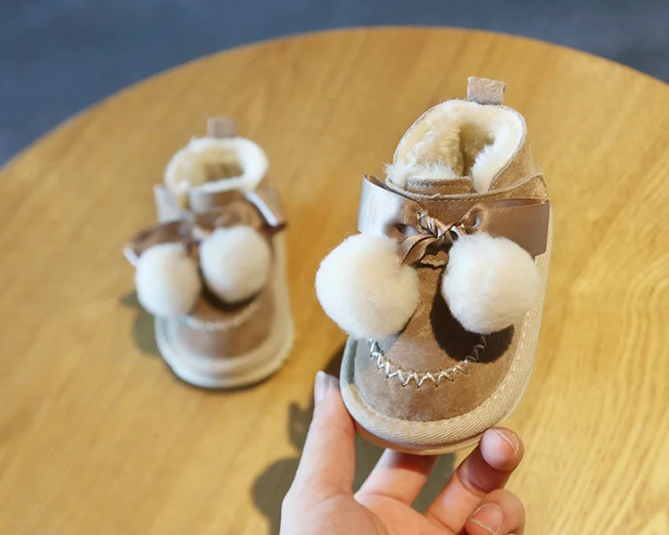 Claladoudou 12-14cm Brand Genuine Leather baby snow boots khaki black gray cute pompom bow tie princess dress shoes for winter