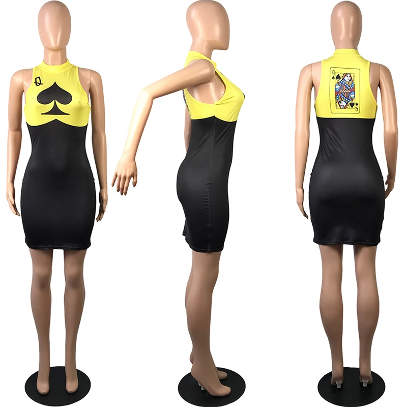 

Solid Color Poker Spades Q Print Sleeveless New Arrival Summer Women Dress Hot Style ModelEuropean and American Bodycon Outfits