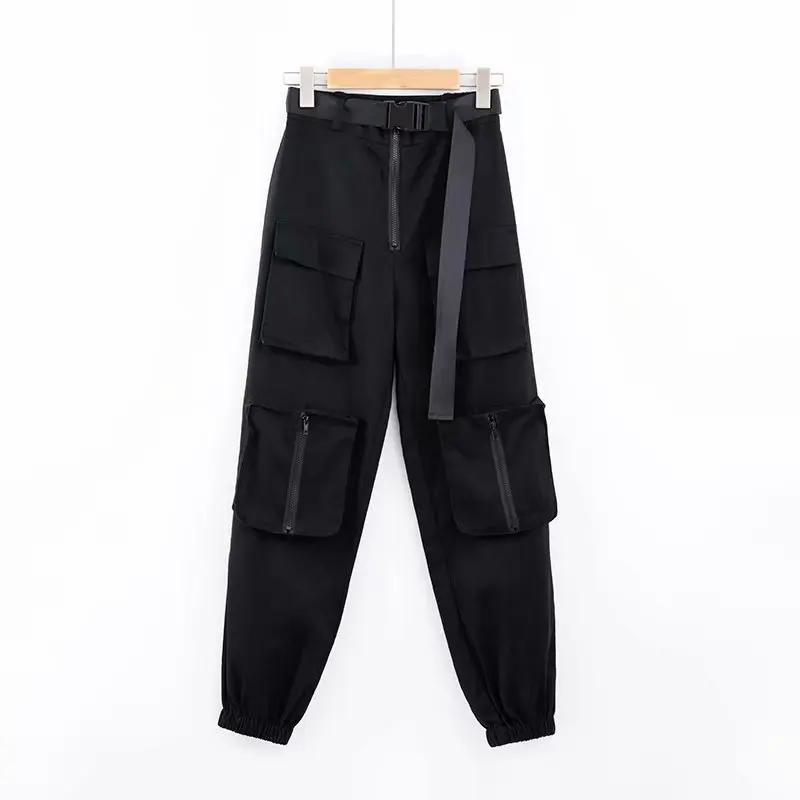 

Spring Women Black Orange Cargo Pants Unisex Hip Hop Sashes Trousers BF Harajuku Joggers High waist overalls loose casual Pants