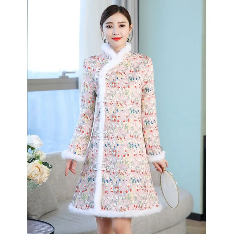 Размера плюс платье Ципао в китайском стиле с длинным рукавом зимнее флисовое