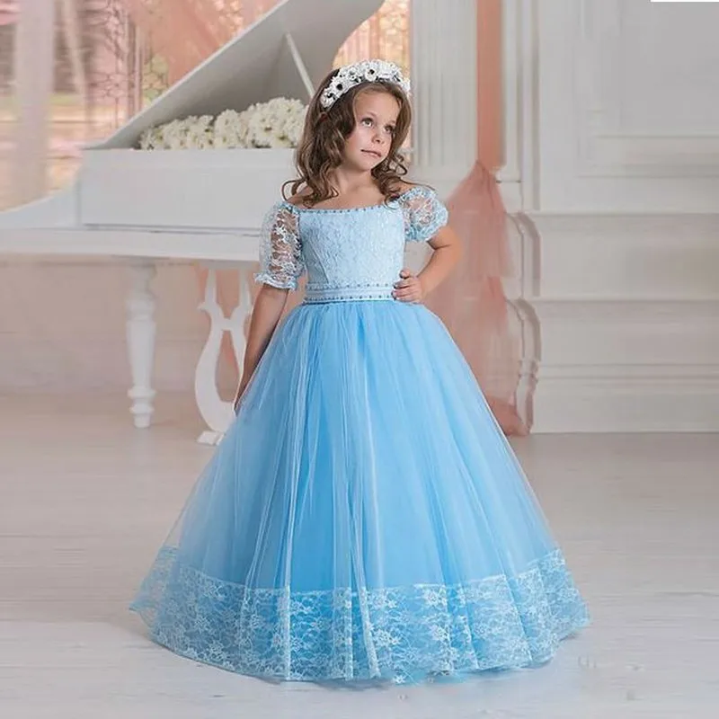 Pageant Blue Kids Flower Girl Dresses Boat Neck Princess Prom Lace Floor Length Children Clothing Girls Ball Gown Bridesmaid