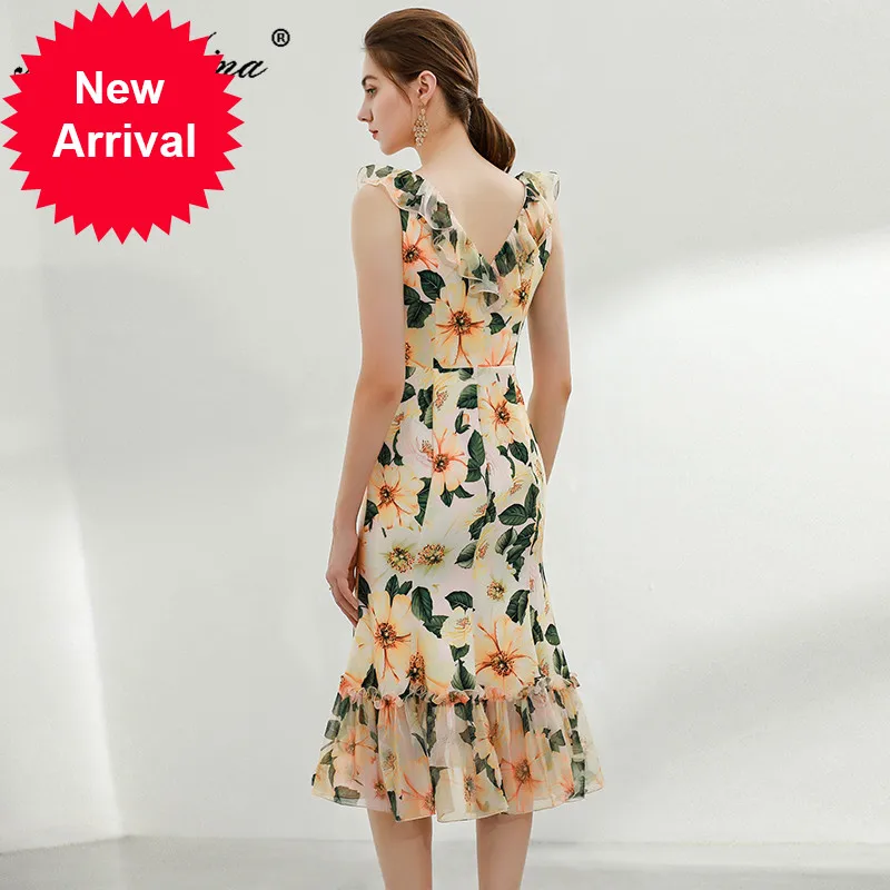 

Moaa Yina 2021 Summer Runway New Midi Dress Women's V-Neck Fashion Yellow Camellia Print Bohemian Vacation Elegant Dress