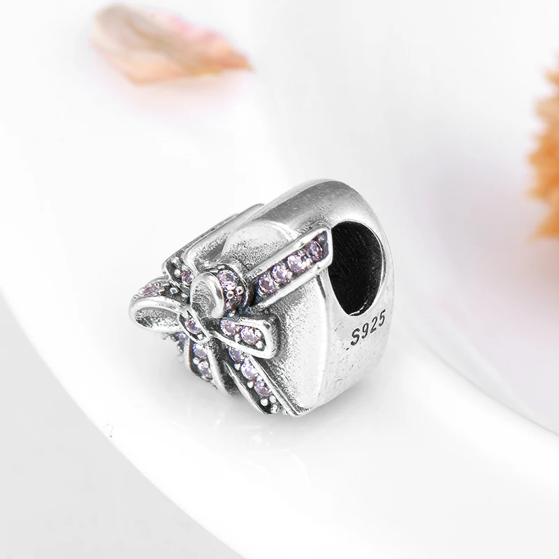 Женский браслет из серебра 925 пробы с розовым бантом и фианитом | Украшения