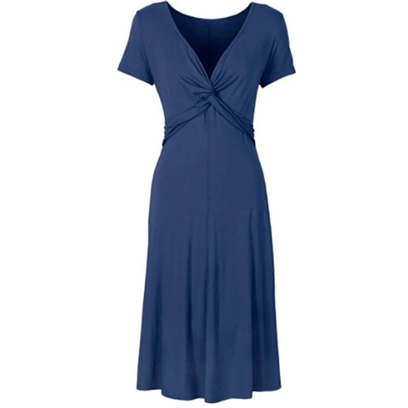 

Summer 2021 New Sexy Solid Color High Waist A-Line Party Dress Fashion Women Chest Knot Deep V-Neck Short Sleeve Dress Hot Sale