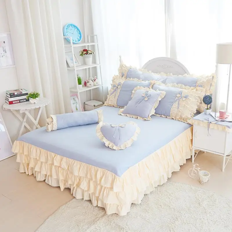 

41 Blue Pink Yellow Purple Princess 100% Cotton Bedding Set White Ruffle Twin Queen King Duvet Cover Bed Skirt Pillowcases