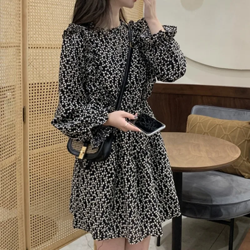

Vintage Women Dress Korean 2021 Spring Autumn Sweet Ruffles Slim Waist O-Neck Floral Printed Dress Tender Chic Casual Vestidos