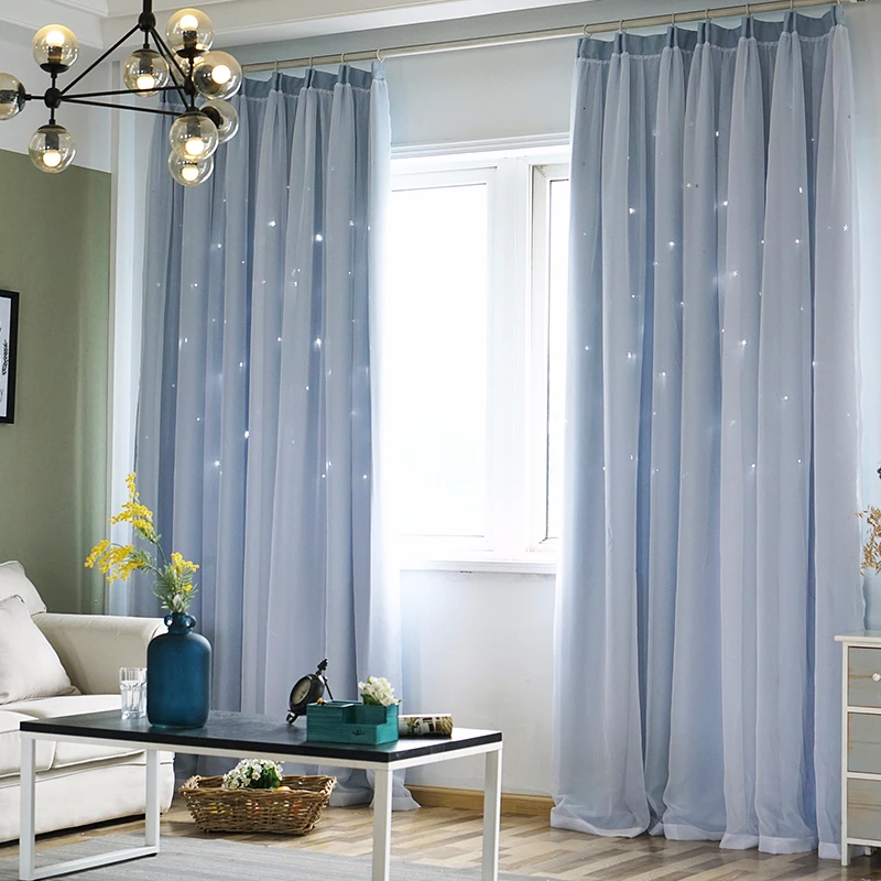 

Double-Layered Blackout CurtainS Sliding Door Langsir Romantic Hollow Stars For Living Room Bedroom Lace Window Drape Curtain
