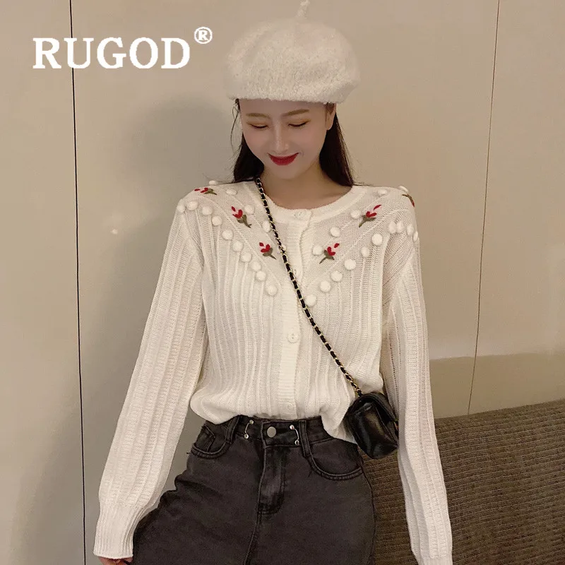 Женский вязаный кардиган с длинным рукавом RUGOD свитер цветочной вышивкой в