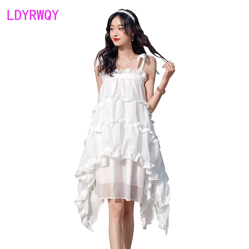 

LDYRWQY Irregular cake niche design mesh lace folds fairy first love dress Office Lady Zippers Sheath Knee-Length