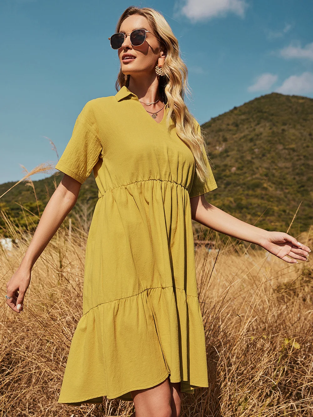 

Новинка Лето 2021 женское платье в европейском и американском стиле с V-образным вырезом свежее и милое тонкое желтое платье для женщин