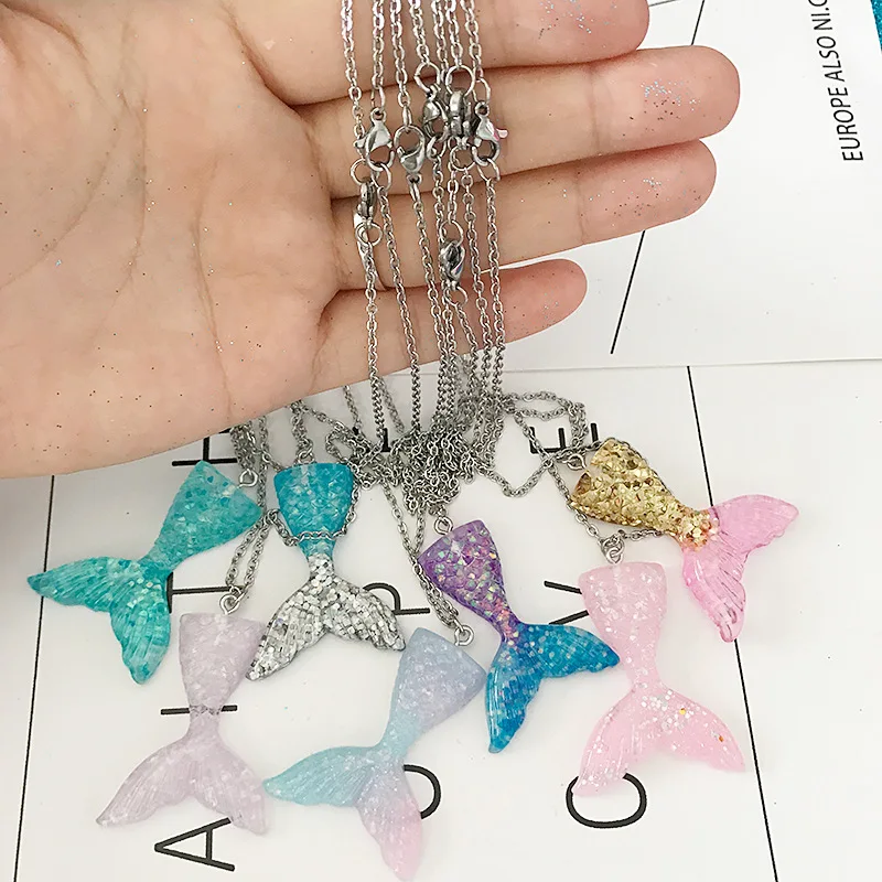 2019 Charm Crystal Mermaid Pendant Necklace Itanium Steel Cross Chain Fishtail Personality Colorful Women Jewelry Gift | Украшения и